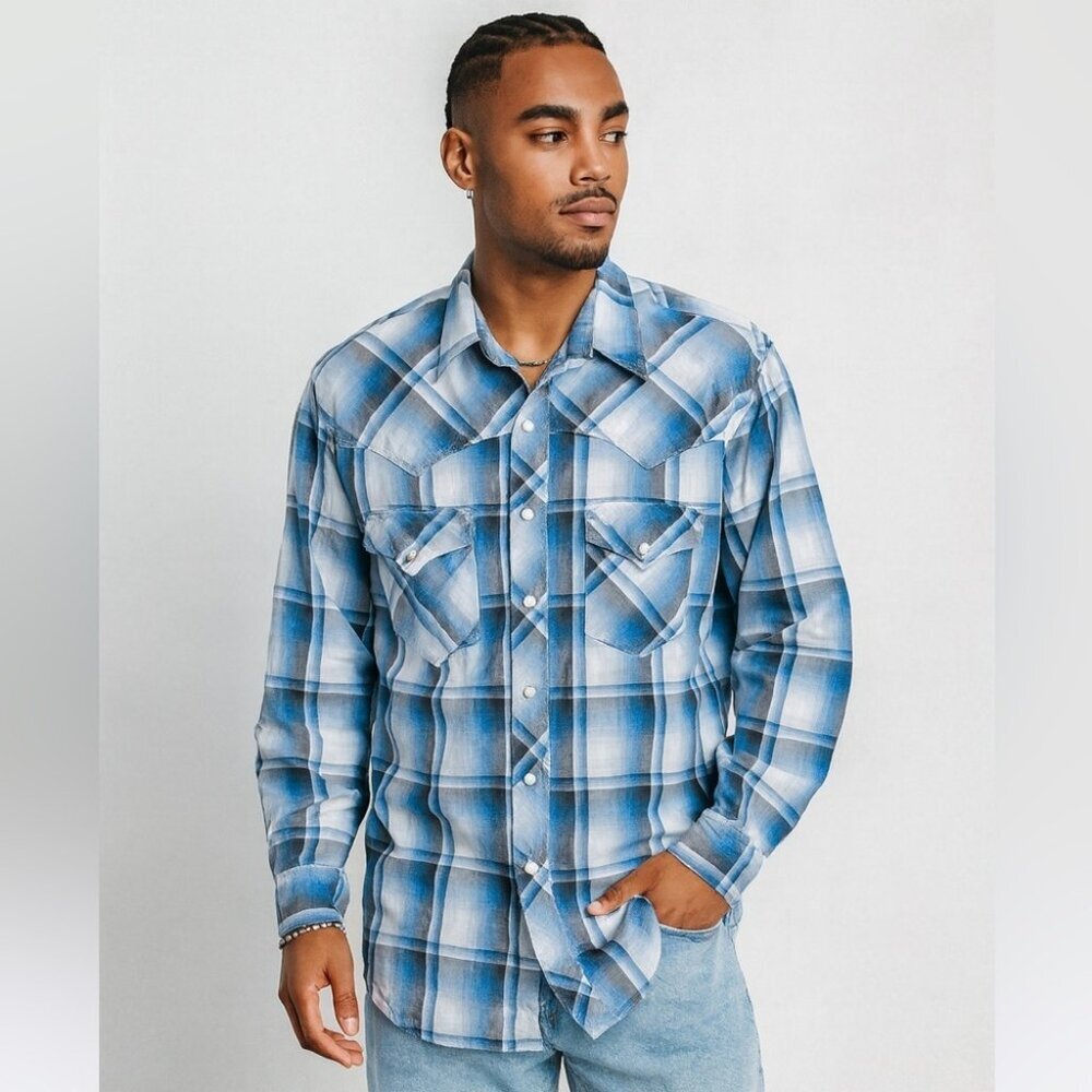 Vintage Wrangler Cowboy Rodeo Blue Plaid Western Pearl Snap Shirt Men’s